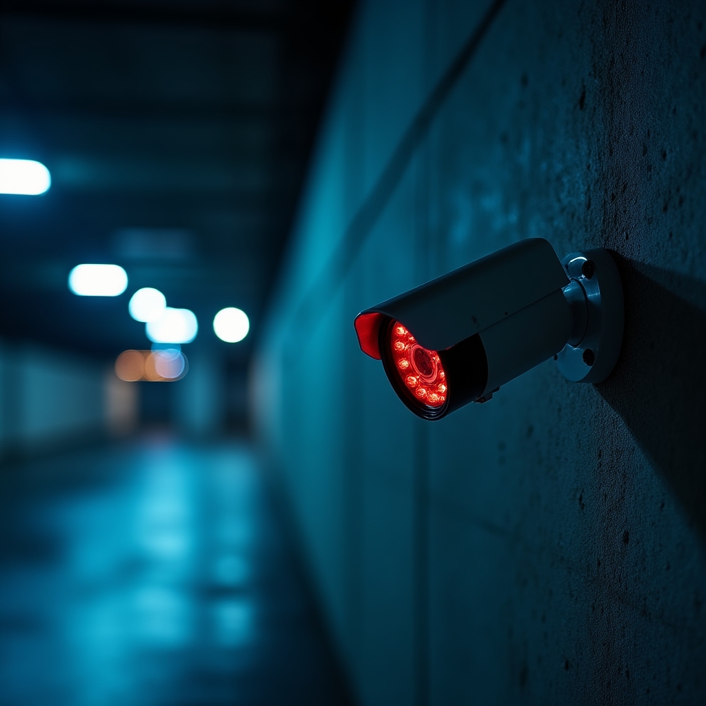 Cameră de supraveghere montată pe perete exterior, vizionare nocturnă activă