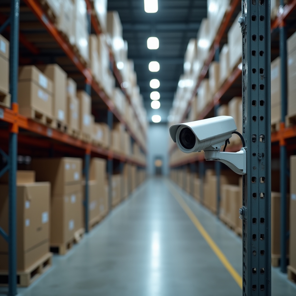 Cameră de supraveghere montată în depozit industrial cu rafturi înalte